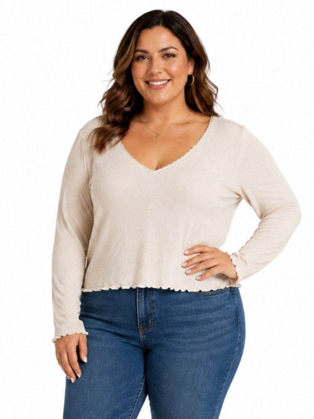 Torrid Rib Knit V-Neck Long Sleeve Top 2X Cream Lettuce Hem NWT